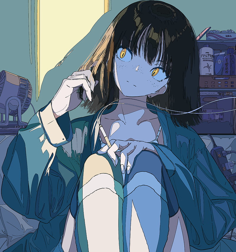 anime girls, anime, original characters, dark hair, yellow eyes, cigarettes, HD phone wallpaper