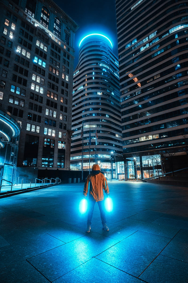 man, neon, light, city, night, buildings, HD phone wallpaper