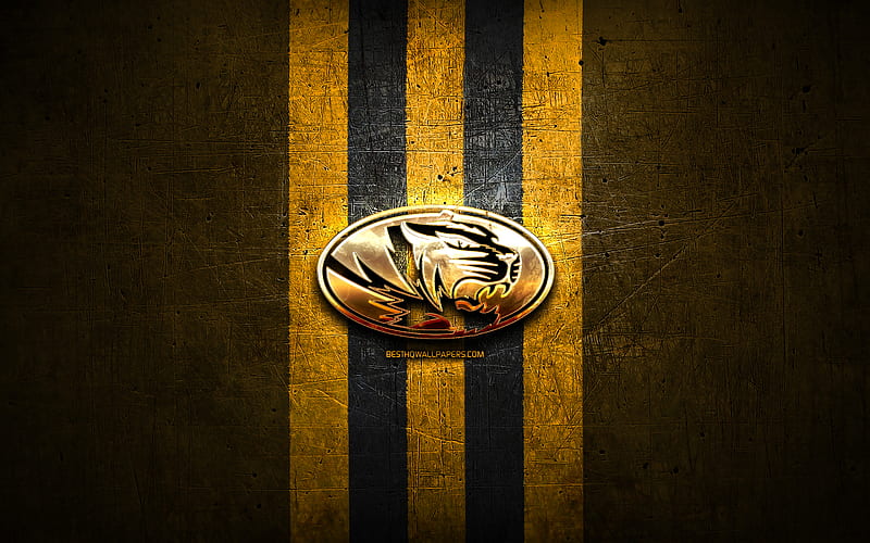 Missouri Tigers, golden logo, NCAA, yellow metal background, american football club, Missouri Tigers logo, american football, USA, HD wallpaper