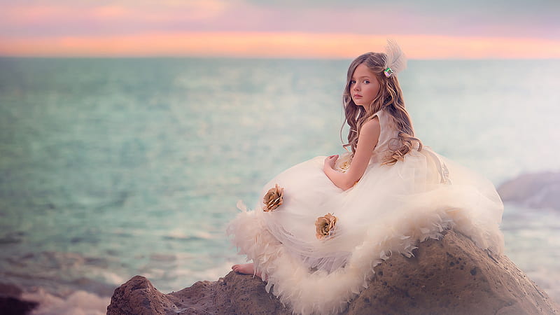 Cute Little Girl Is Sitting On Sand Rock Wearing White Dress Cute, HD wallpaper