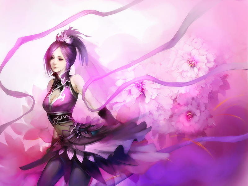 Beauty of Young Girl, female, original, rose, ribbon, sexy, cherry blossom, young girl, play, cool, flower, hot, beauty, anime girl, pink, HD wallpaper