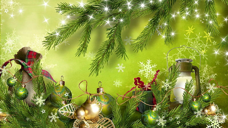 Holiday Greenery, stars, lamp, feliz navidad, christmas, shine, ribbons, charteuse, lime, sparkles, gold, green, snowflakes, bright, fir, spruce, HD wallpaper