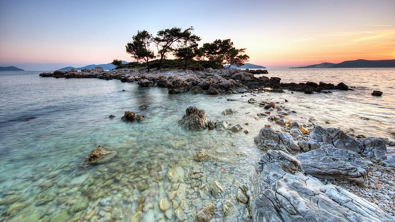 islet in a stone bottomed sea r, rocks, stones, r, trees, islet, sea, HD wallpaper