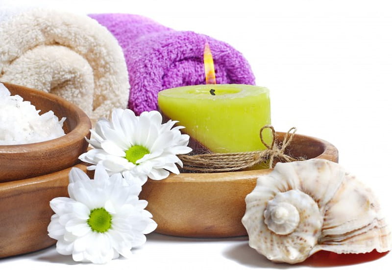 Relaxing Spa, candle, seashell, flowers, spa, camomile, towel, daisy, HD wallpaper
