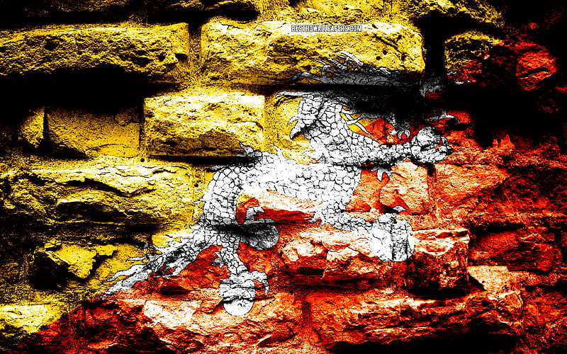 Bhutan flag, grunge brick texture, Flag of Bhutan, flag on brick wall, Bhutan, flags of Asian countries, HD wallpaper
