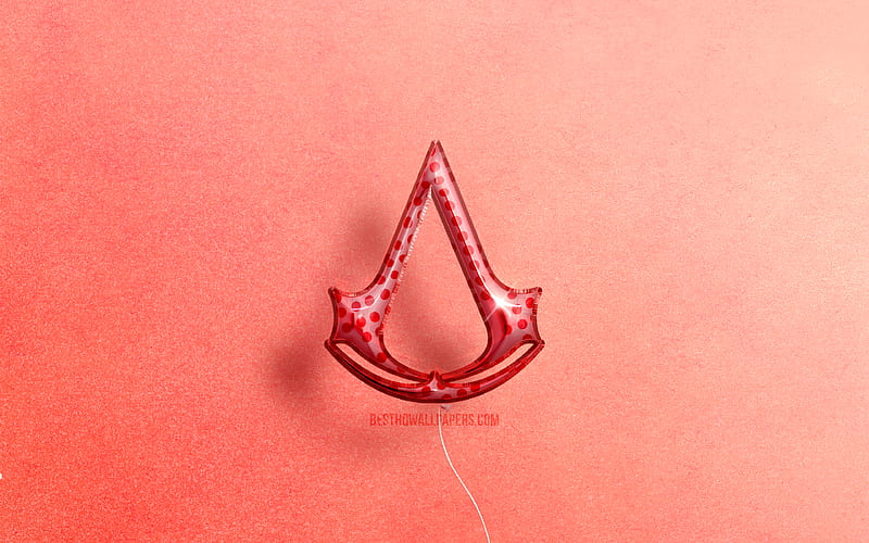 Assassins Creed 3D logo, artwork, pink realistic balloons, Assassins Creed logo, pink backgrounds, Assassins Creed, HD wallpaper