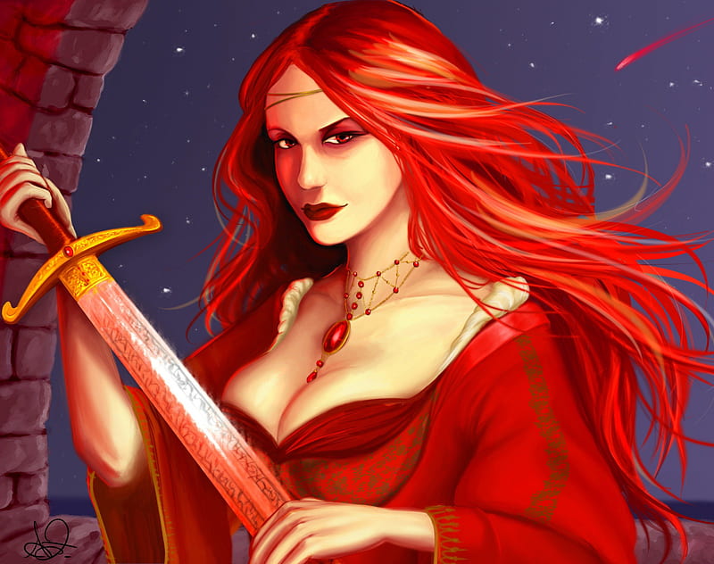 Melisandre of Asshai, redhead, House Baratheon, paintwork, game of thrones, priestess, woman, artwork, fantasy, SkyPhoenixX1, George R R Martin, sword, stars, Westeros, sky, abstract, a song of ice and fire, girl, lord of light, the red woman, HD wallpaper