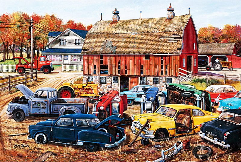 Junkyard, carros, wrecks, house, trees, artwork, barn, HD wallpaper