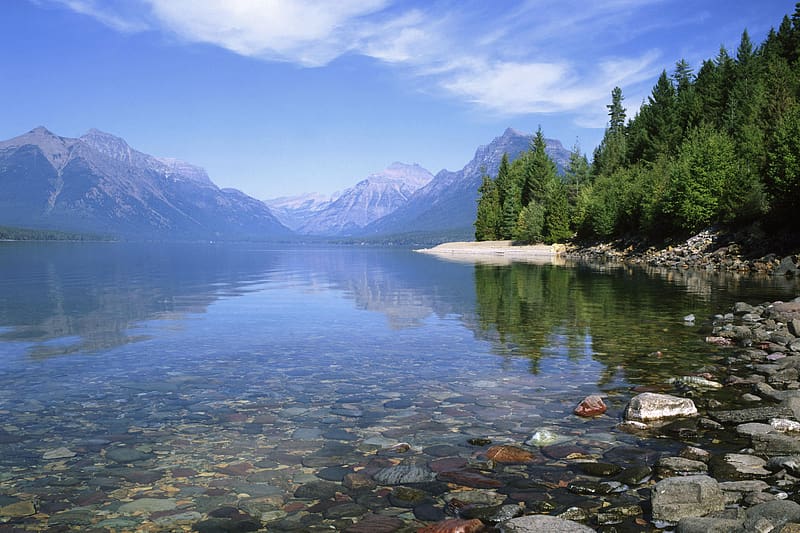 Landscape, Nature, Water, Mountain, Lake, Forest, , Stone, United States, Montana, Lake Mcdonald, HD wallpaper
