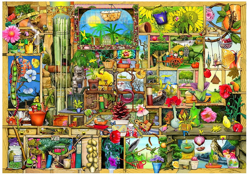 The gardeners cupboard, creative, fantasy, colin thompson, shelves, garden,  collage, HD wallpaper | Peakpx