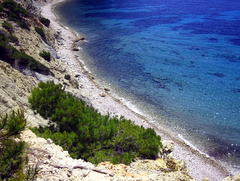 beach, rocks, view, clear, ocean, pebbles, bonito, trees, graphy, sand, beaches, summer, nature, sunshine, blue, HD wallpaper