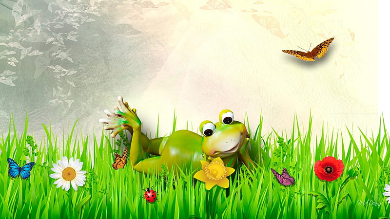 Fine Froggy Spring Day, grass, butterflies, spring, cute, frog, ladybug, butterfly, whimsical, summer, papillon, flowers, lady bug, lawn, HD wallpaper