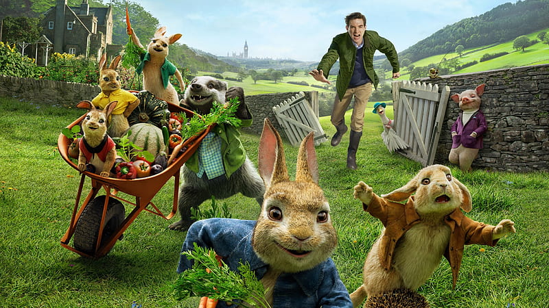 Peter Rabbit (2018), Domhnall Gleeson, peter rabbit, fantasy, movie, running, man, easter, animal, poster, HD wallpaper