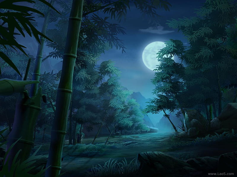 TEAL MOON FORSET, forest, moon, teal, bamboo, HD wallpaper