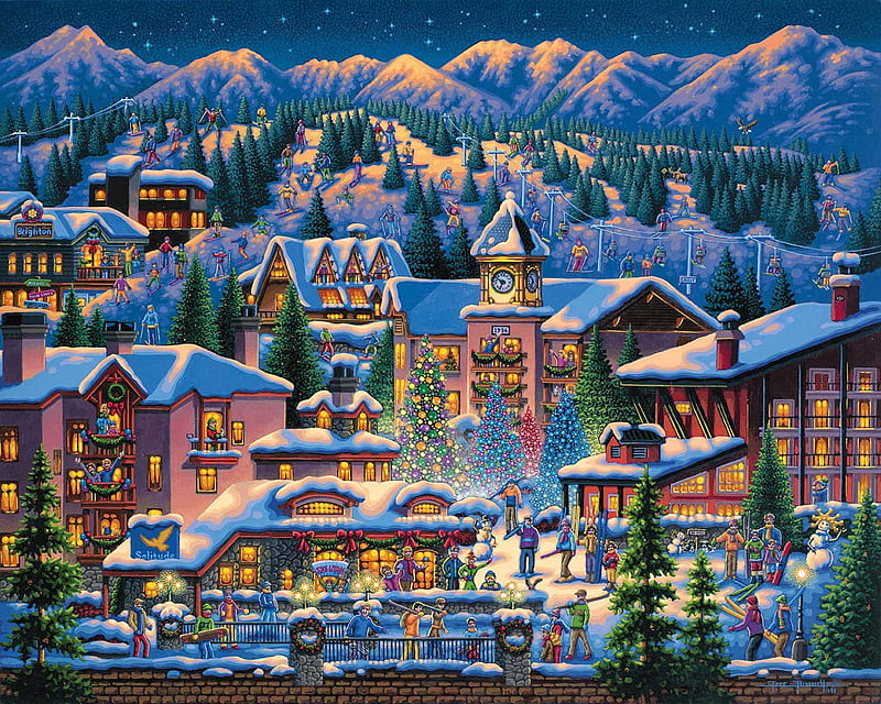 Rocky Mountain Christmas, snow, houses, town, painting, artwork, landscape, HD wallpaper