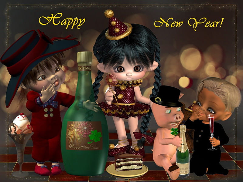 Happy New Year!, pig, champagne, new year, elves, fairy, HD wallpaper