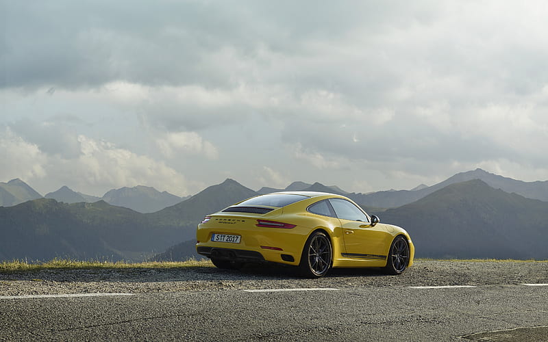Porsche 911 Carrera T, 2018, exterior, rear view, yellow sports car, mountain landscape, yellow 911 Carrera, German cars, Porsche, HD wallpaper