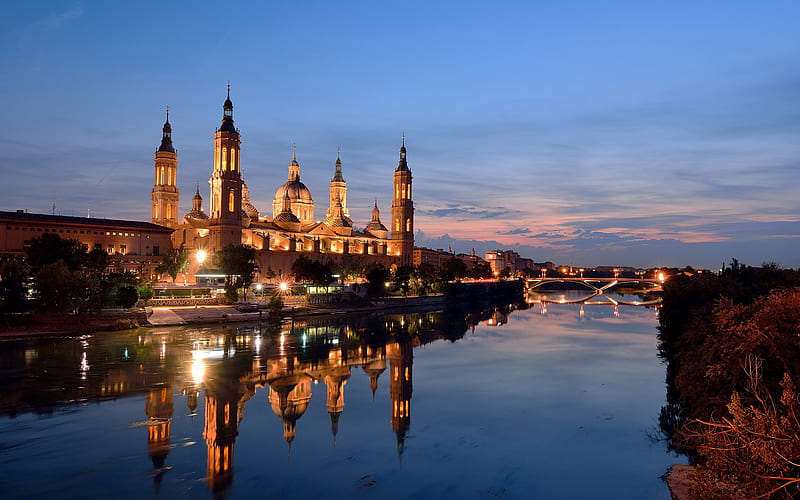 Basilica of Our Lady of the Pillar, Cathedral, Roman Catholic church, Zaragoza, evening, sunset, landmark, basilica, Spain, HD wallpaper