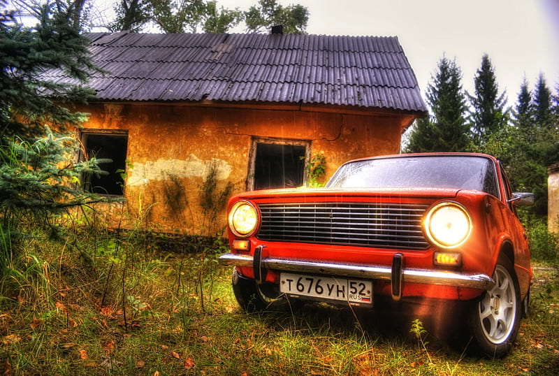 the russian lada r, abandoned house, r, grass, car, HD wallpaper