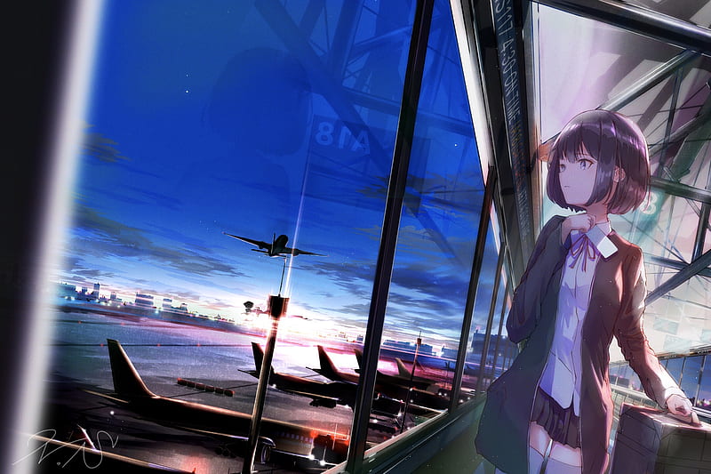 Wallpaper Anime girl, airplane, sunset 2560x1440 QHD Picture, Image