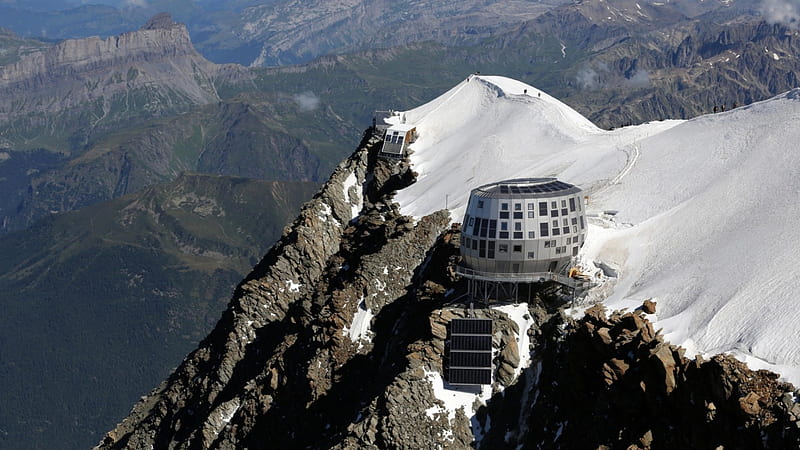 refuge du gouter hotel on mont blanc france, mountain, hotel, cliff, snow, HD wallpaper