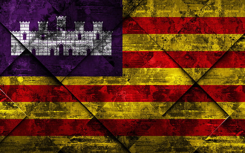 Flag of Balearic Islands grunge art, rhombus grunge texture, spanish province, Balearic Islands flag, Spain, national symbols, Balearic Islands, provinces of Spain, creative art, HD wallpaper