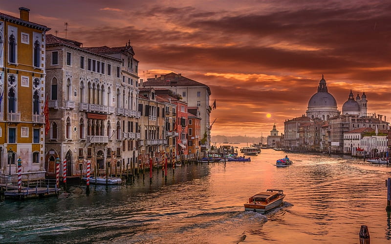 Venice, evening, sunset, Italy, boats, tourism, landmarks, Patriarchal Cathedral Basilica of Saint Mark, HD wallpaper
