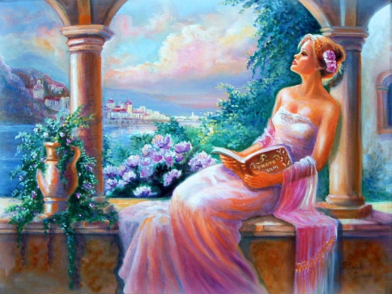 Thinking of...., city, book, painting, river, palace, woman, artwork, italy, HD wallpaper
