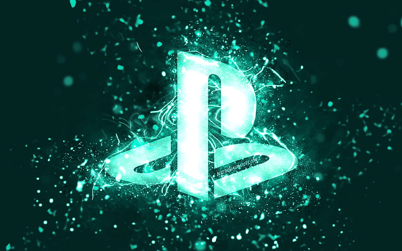 PlayStation turquoise logo, turquoise neon lights, creative, turquoise abstract background, PlayStation logo, PlayStation, HD wallpaper