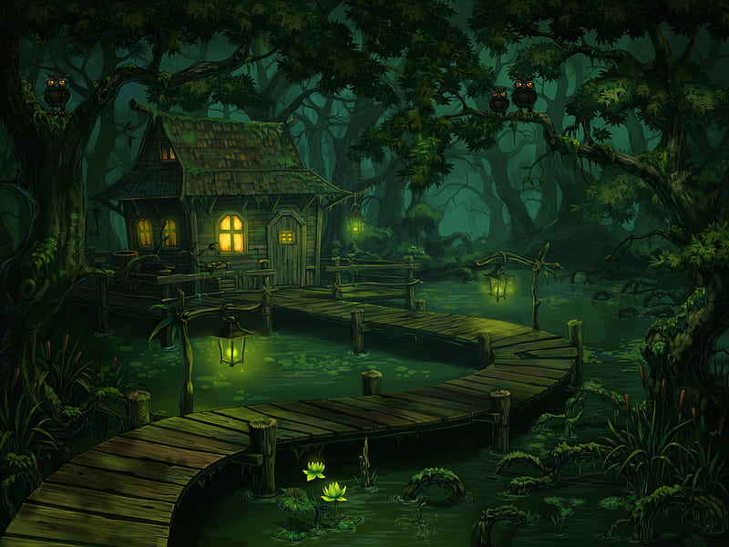 Swamp, owl, forest, houses, digital painting, trees, green, nature, drawings, night, HD wallpaper