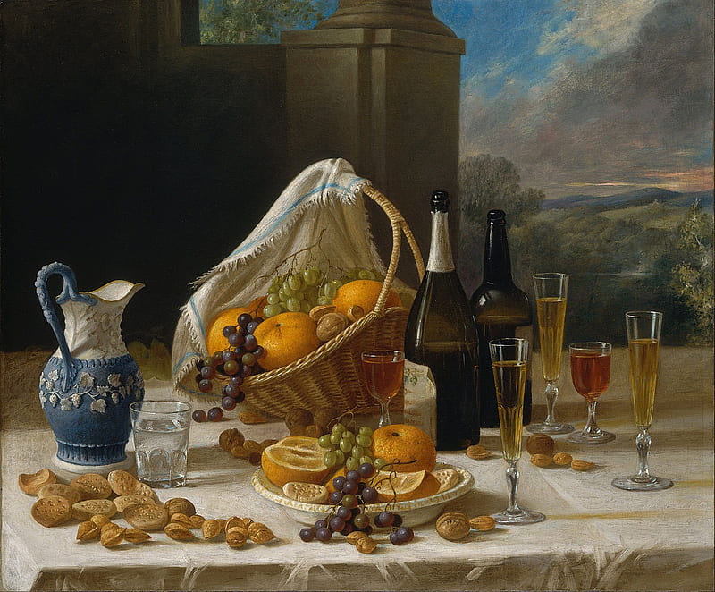 Luncheon, pretty, fruit, drink, glasses, painting, still, Francis, art, HD wallpaper