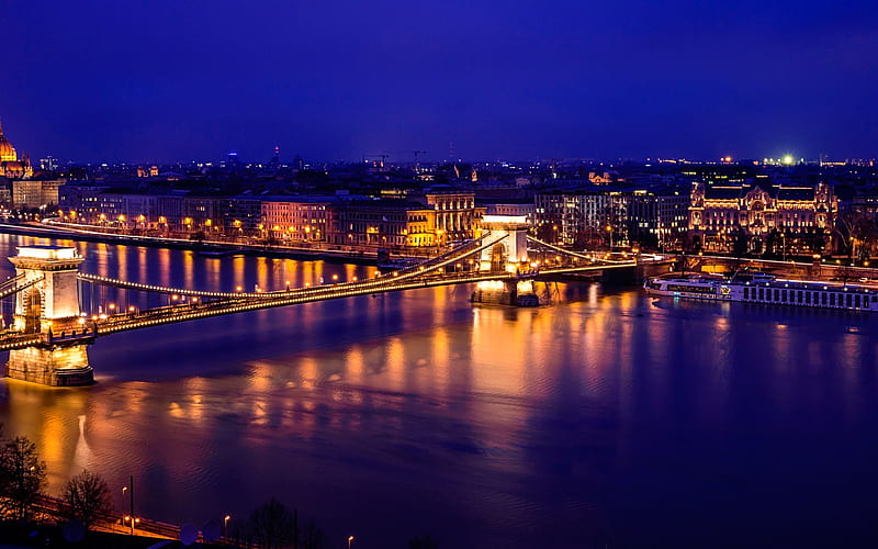 Budapest, evening, Chain Bridge, Parliament building, city lights, city panorama, Hungary, Danube, HD wallpaper