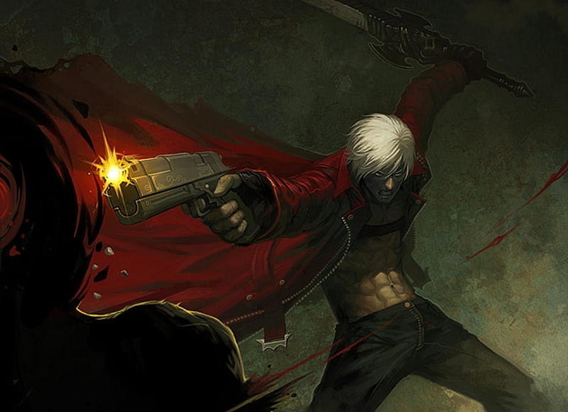 Dante, games, male, action, white hair, video games, devil may cry, weapons, trench coat, gun, anime, sword, dmc, HD wallpaper