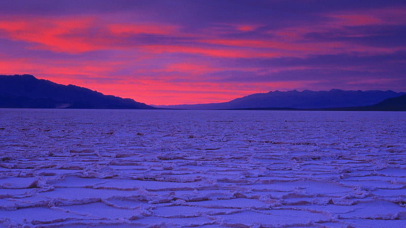 sunset on salt flats in death valley california, sunset, salt, flats, mountains, HD wallpaper