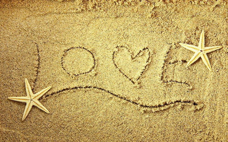 :-), vara, sand, heart, love, summer, starfish, word, valentine, card, beach, HD wallpaper