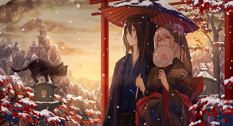 anime couple, snow, umbrella, torii, scenic, Anime, HD wallpaper
