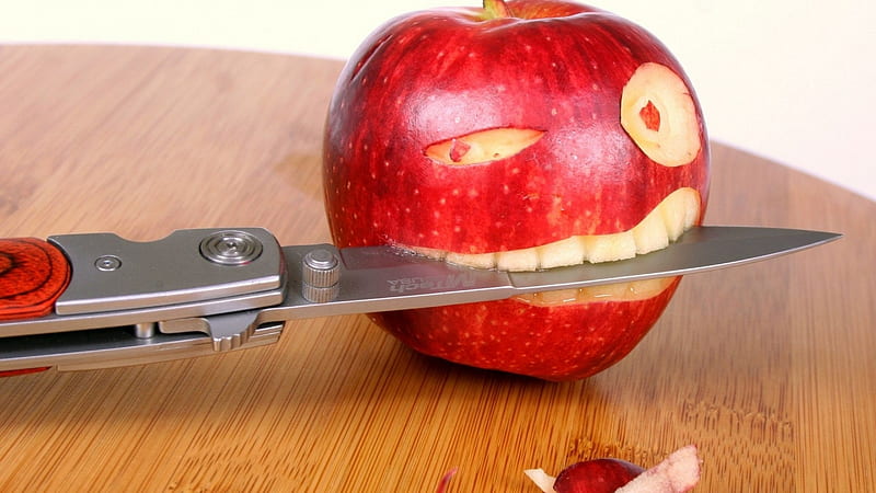 red apple gang, apple, table, face, knife, HD wallpaper