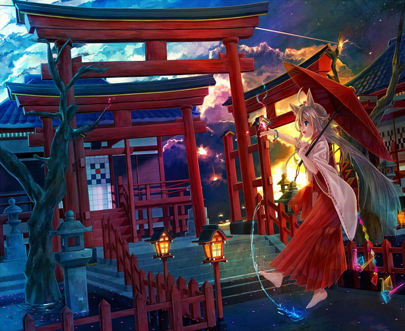 Anime, gate, fox, shrine, umbrella, HD wallpaper | Peakpx
