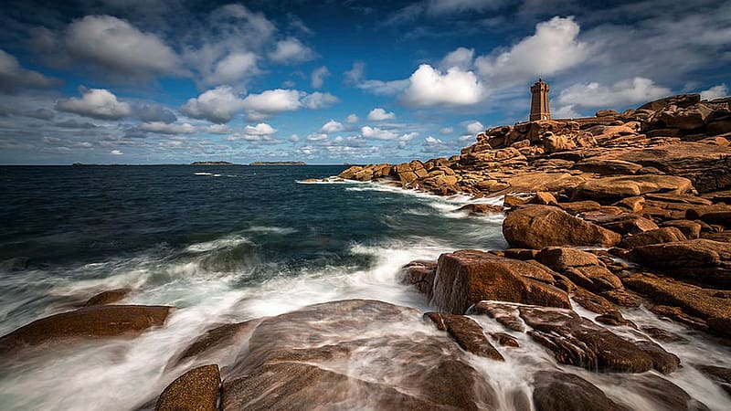 Le Phare De Ploumanac'h, Brittany, France, lighthouse, coast, clouds, sky, rocks, atlantic, ocean, HD wallpaper