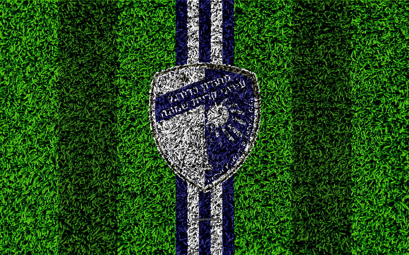 Hapoel Ironi Kiryat Shmona FC emblem, football lawn, Shmona FC logo, Israeli football club, blue-white lines, grass texture, Kiryat Shmona, Israel, football, Israeli Premier League, HD wallpaper