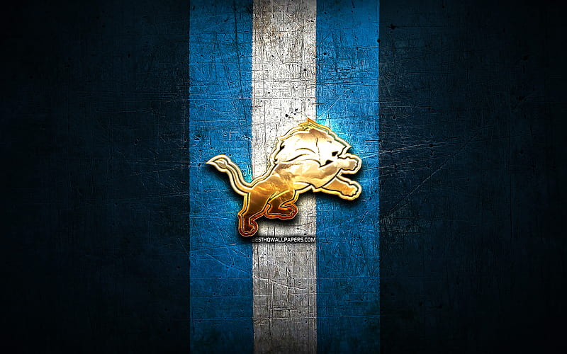 Detroit Lions Golden Logo Nfl Blue Metal Background American Football Club Hd Wallpaper Peakpx