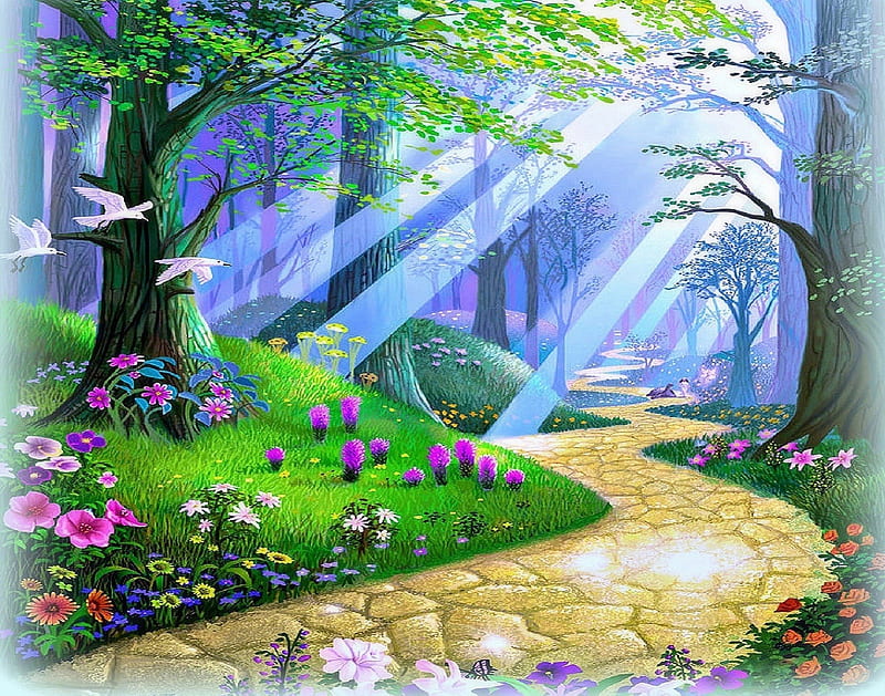 ✫Pathways of Life✫, softness beauty, digital art, rays light, paintings, lovely flowers, drawings, sunbeam, animals, flying birds, birds, pathways, creative pre-made, butterflies, trees, paradise, gardens and parks, sunshine, nature, HD wallpaper