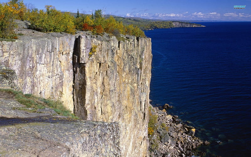 Palisade Head Lake Superior, water, nature, cliff, bushes, lake, landscape, HD wallpaper