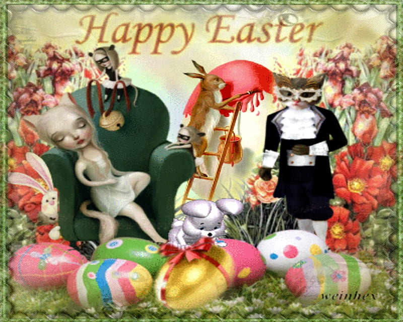 happy easter, rabbit, easter egg, flowers, easter, framed, surreal, cat, HD wallpaper