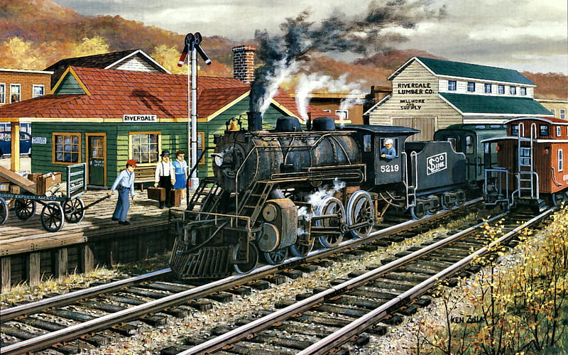 Memory Junction - Train F5mp, art, zylla, cityscape, ken zylla, artwork, track, train, painting, wide screen, train station, HD wallpaper