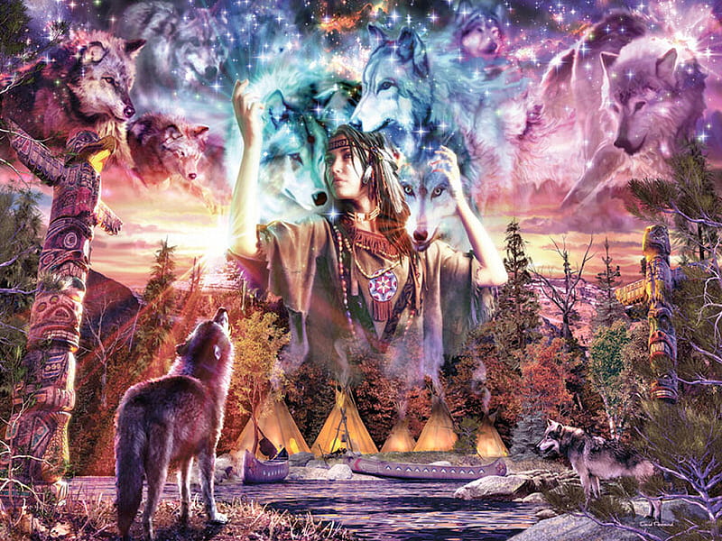 Wolf Maiden - Native American F+Cmp, teepees, art, canoes, native american, totem, water, painting, portrait, wolves, HD wallpaper