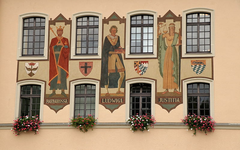 Town Hall in Germany, saints, Germany, town hall, windows, fresco, flowers, HD wallpaper
