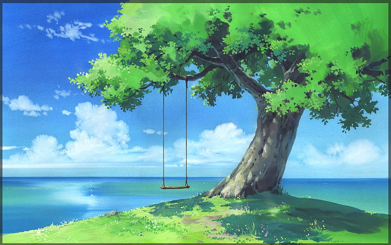 peaceful place, tree, anime, sky, sea, blue, HD wallpaper