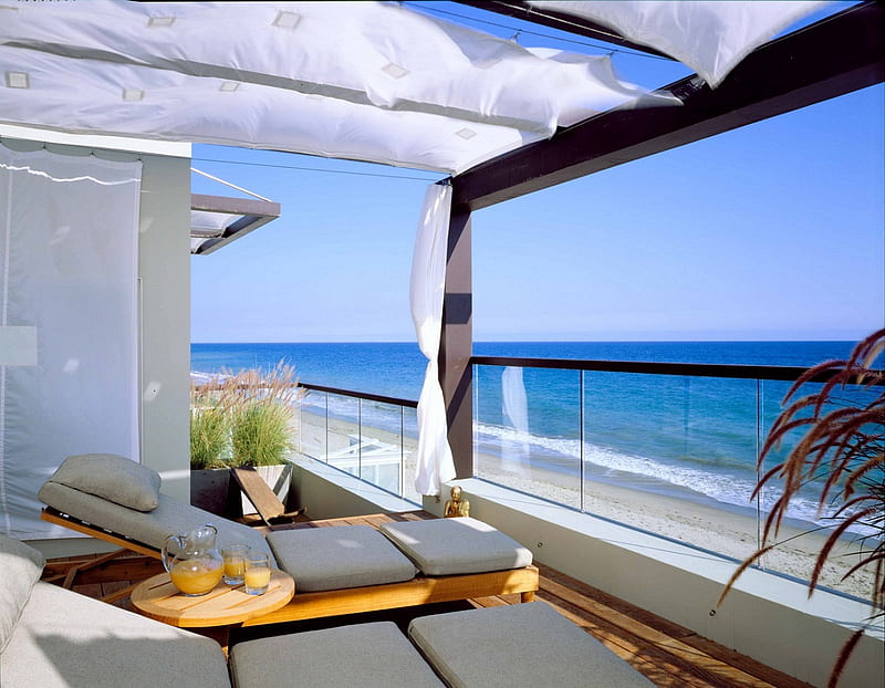 Sea breeze, table, house, ocean, orange juice, beacefront, pitcher, chaise lounge, beach, sand, HD wallpaper
