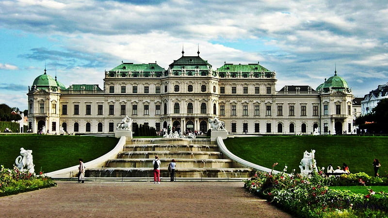 belvedere palace museum in vienna austria, fountain, grass, gallery, palace, clouds, HD wallpaper